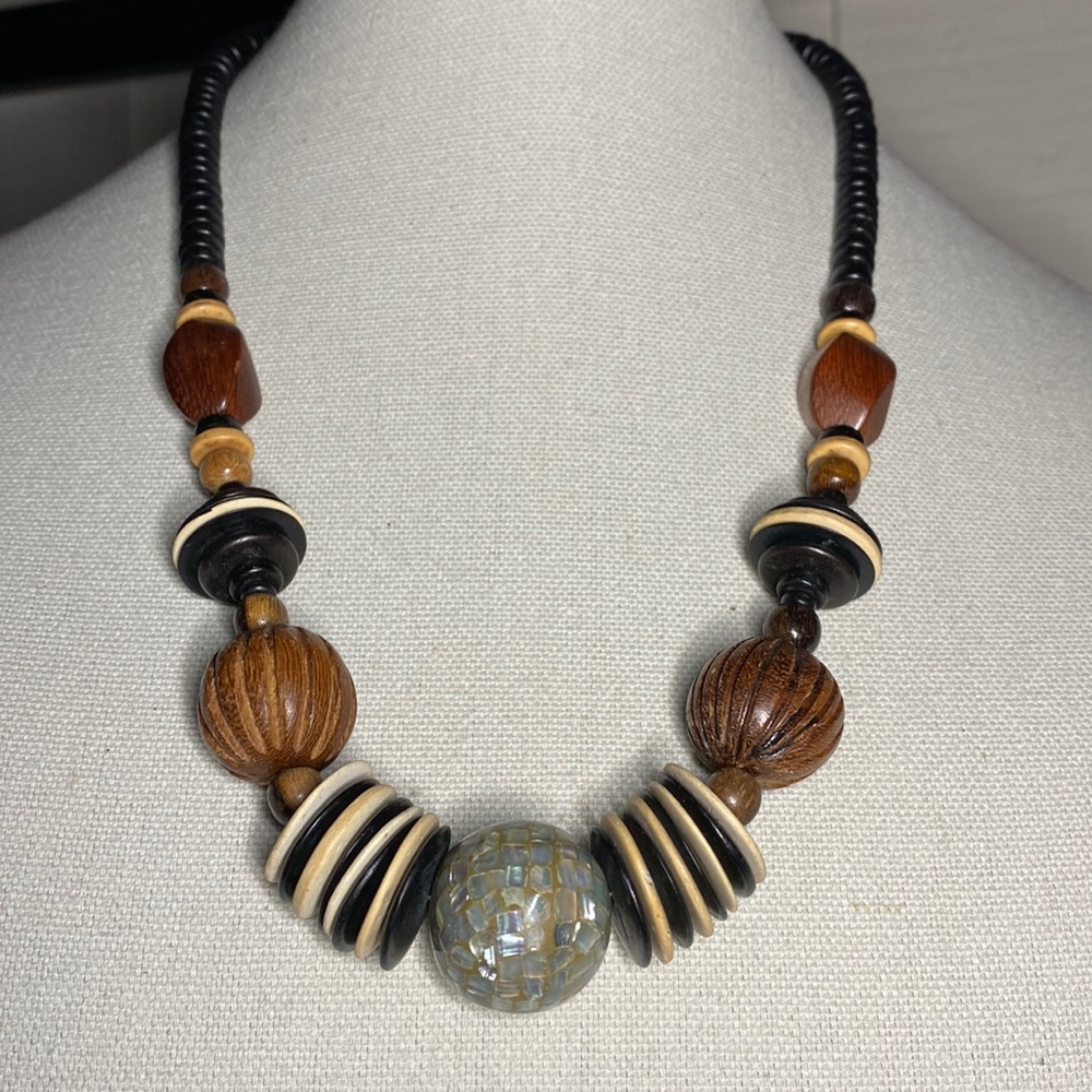 Interesting wood bead necklace mosaic style front bead